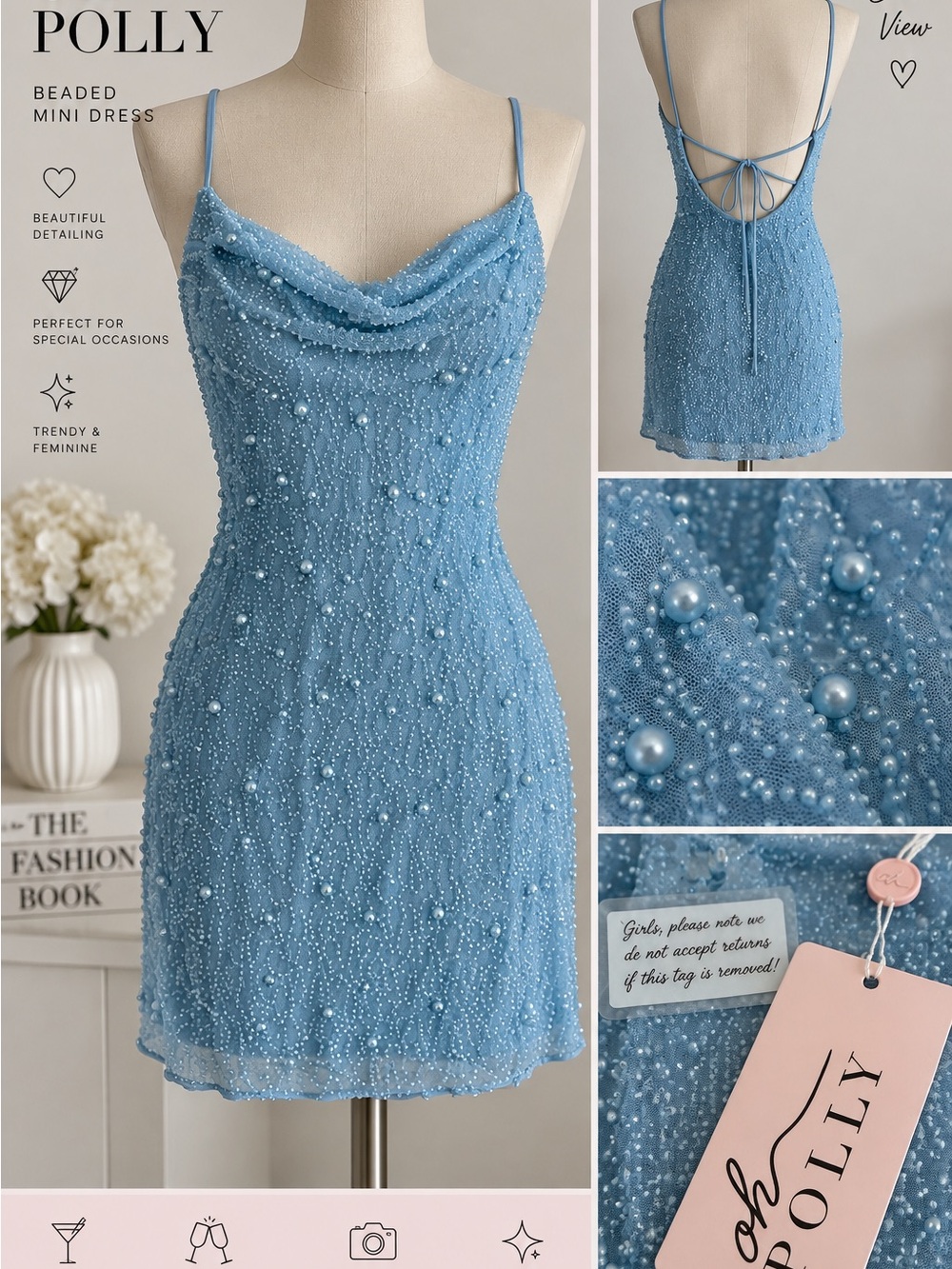 Oh Polly Blue Pearl Beaded Cowl Neck Mini Dress NWT